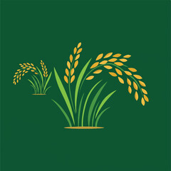 Stylized rice stalks in gold and green on a dark green background