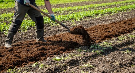 Farm worker spreading rich manure over garden soil to boost natural fertility and promote healthy plant growth in an organic farming setting.