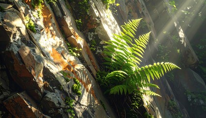 Sunlight streams through rocks, illuminating a fern