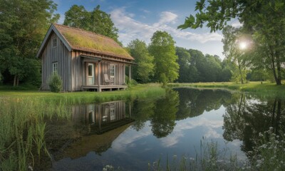 Obraz premium Rustic cabin by a tranquil pond at dawn