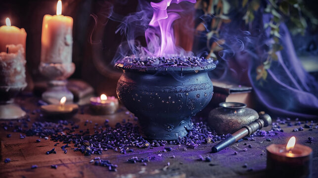 Mystical cauldron bubbling with purple magic potion surrounded by candles and crystals in witchcraft ritual ceremony. Scenario for the background of a magical wicca background with copy space.
