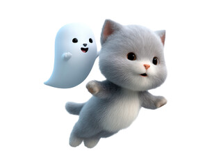 Cute flying kitten with playful ghost companion in whimsical scene on transparent background