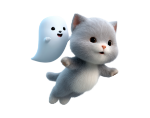 Cute flying kitten with playful ghost companion in whimsical scene on transparent background