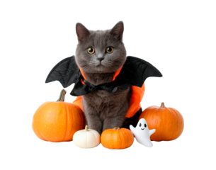 Gray cat in bat costume with pumpkins and ghost decoration for halloween celebration on transparent background