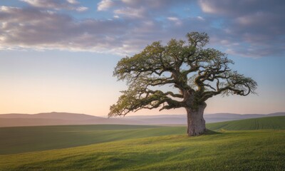 Obraz premium Solitary oak tree on a rolling green field at dawn