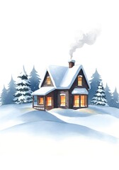 Fototapeta premium Cozy winter cottage with smoke rising from chimney in snowy landscape 