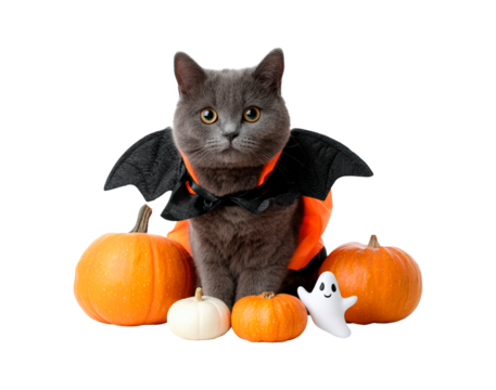 Gray cat in bat costume with pumpkins and ghost decoration for halloween celebration on transparent background