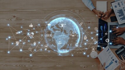 Diverse professionals analyzing global data trends and visualizations with AI technology on a workspace table, showcasing the importance of digital transformation in business. Raster