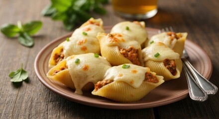 Stuffed pasta shells, melted cheese topping
