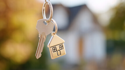 Floating house keys with home icon on keychain for real estate and moving themes