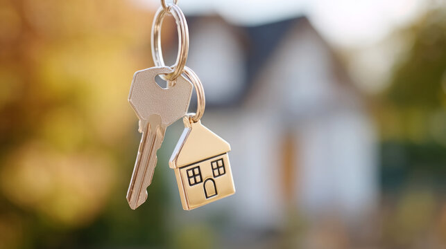 Floating house keys with home icon on keychain for real estate and moving themes