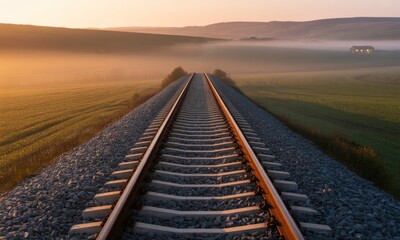 Fototapeta premium Sunrise over a railway track stretching into a misty landscape