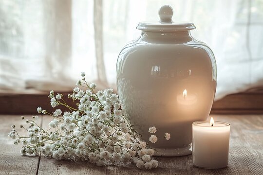 White urn with candle and flowers