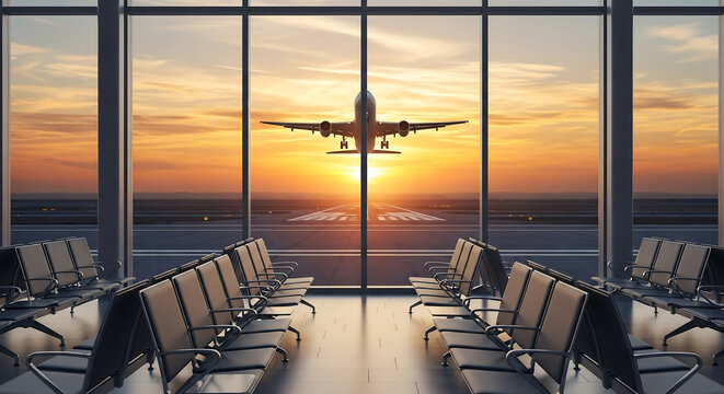 Airport terminal waiting area with airplane taking off at sunset. Modern travel scene showing flight and transportation themes