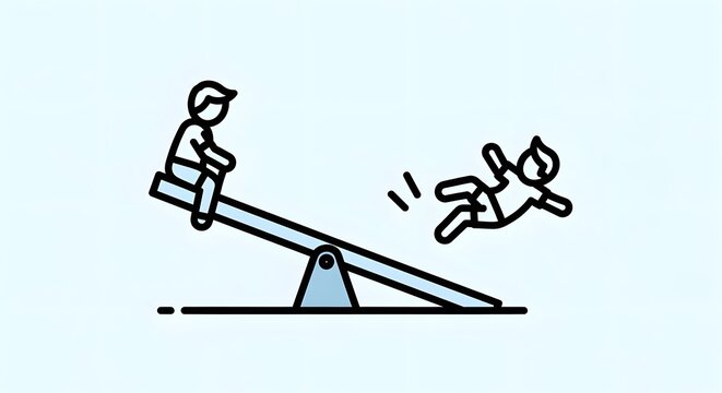 Simple line art icon representing cause and effect, showing a person being catapulted from a seesaw due to sudden imbalance and risk