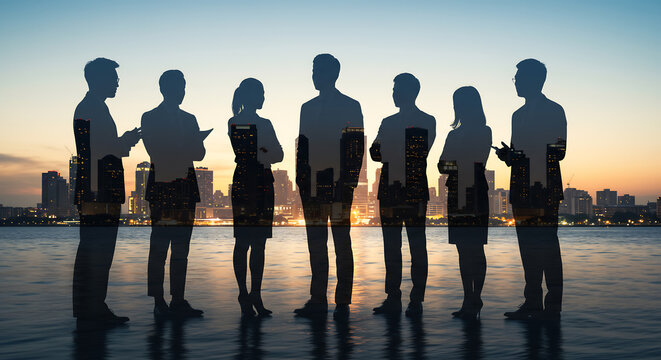 Silhouettes of a diverse business team are overlaid with a vibrant city skyline at sunset