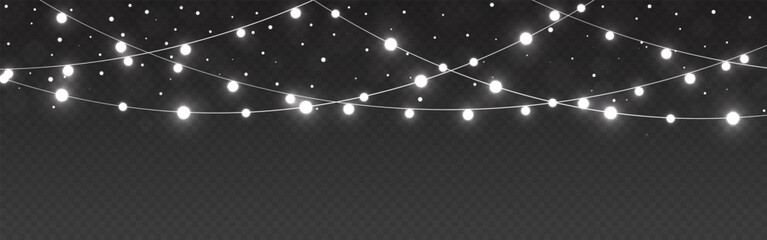 Christmas lights decoration with falling snow on transparent background. Glowing white garlands. Fairy bulbs for festive design, web or print. Greeting card decor template. Vector Illustration.