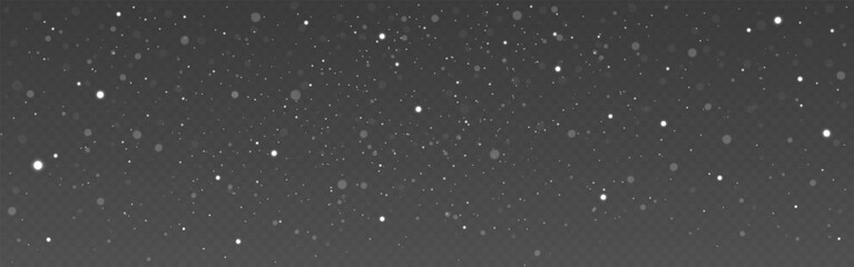 Snowfall background. Magic silver sparks. Glitter and white bokeh lights on transparent background. Elegant white festive design. Winter effect for holiday and celebration. Vector Illustration.