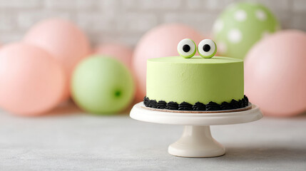 Playful halloween cake with monster eyes amidst pastel balloons for festive celebrations