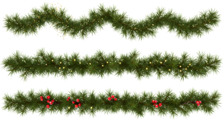 Set of Three Realistic Christmas Pine and Fir Garland Borders
