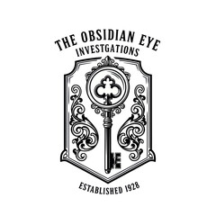 A vintage black and white logo for 'The Obsidian Eye Investigations', featuring an ornate key inside a decorative shield, established in 1928.