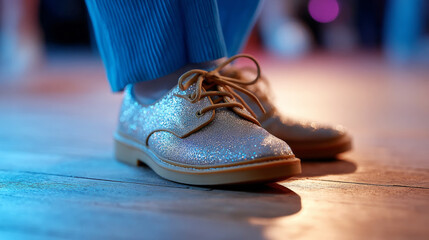 Sparkling glitter shoes on dance floor capturing movement and rhythm