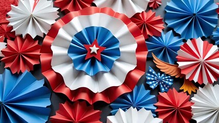 Patriotic celebration with dynamic red, white, and blue paper decorations, perfect for holidays and festive events in a moving video background - Powered by Adobe