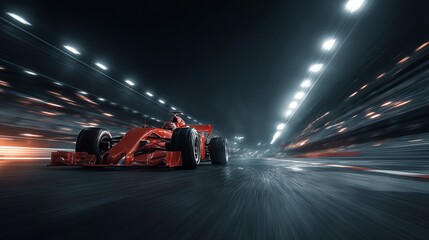 Fast red car racing at night with light trails and motion blur Concept of speed and modern technology 3D illustration