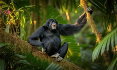 Fototapeta premium Black ape sits alert on jungle branch. Sunlight streams through lush foliage