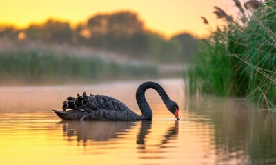 Fototapeta premium Black swan on a still, golden-lit river at sunrise. Lush greenery borders the water