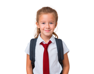 Caucasian young female child in school uniform with red tie and backpack on transparent background