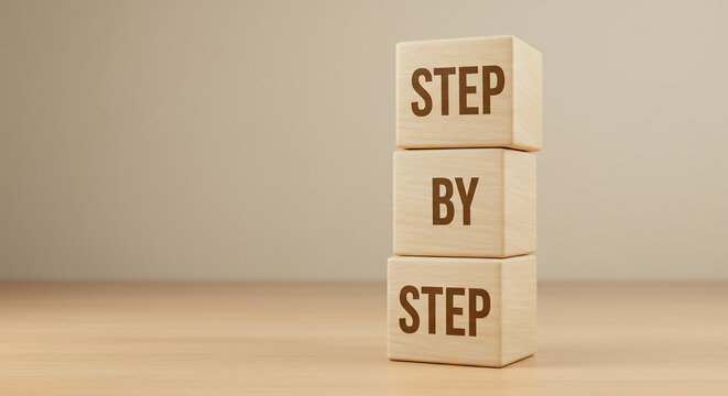 Step-by-step process concept. Wooden blocks with text on a table. Ideal for business, education, or tutorial visuals