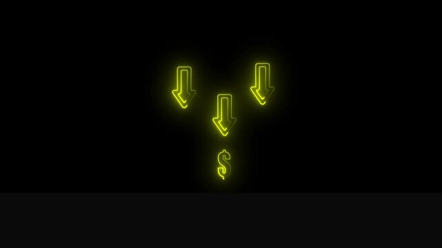 Three Yellow Neon Arrows Pointing Downward Towards Dollar Sign On Black Background direction  4k video.