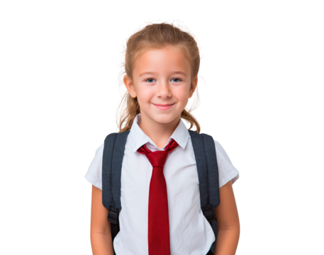 Caucasian young female child in school uniform with red tie and backpack on transparent background