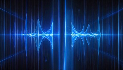 Abstract artwork featuring a symmetrical design of luminous blue waveforms against a dark background, evoking a sense of energy and sound visualization