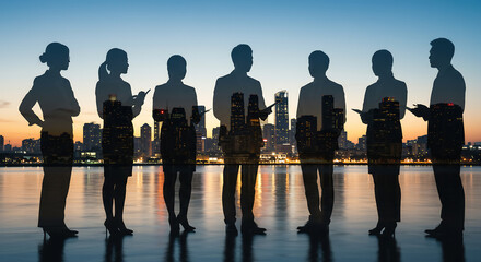 Silhouettes of diverse business professionals against a vibrant sunset cityscape