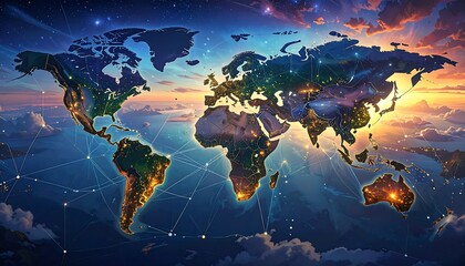 Global world map at sunrise with interconnected network