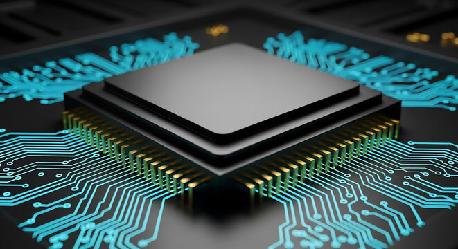 Close-up of a modern computer processor. The CPU is connected to circuit board, showcasing the intricate design of the electronics - Powered by Adobe