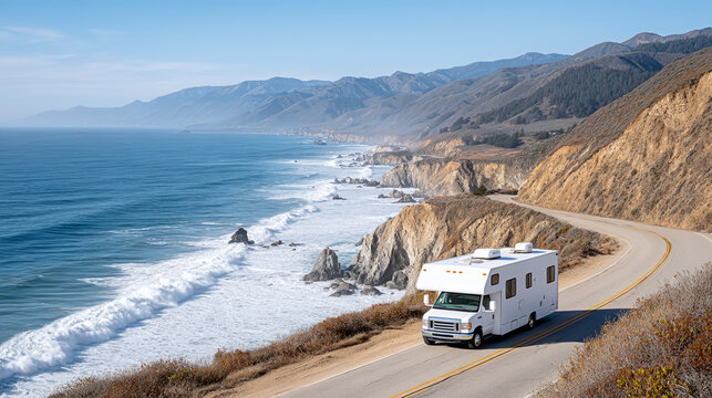 Scenic coastal journey with camper on cliffside road by ocean waves - Powered by Adobe