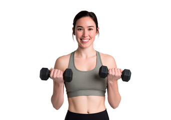Young woman lifting dumbbells in athletic wear on transparent background