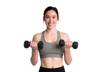Young woman lifting dumbbells in athletic wear on transparent background