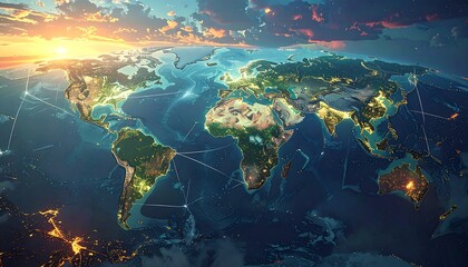 Global world map at sunrise