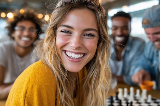 Group of four friends enjoying a chess game indoors
