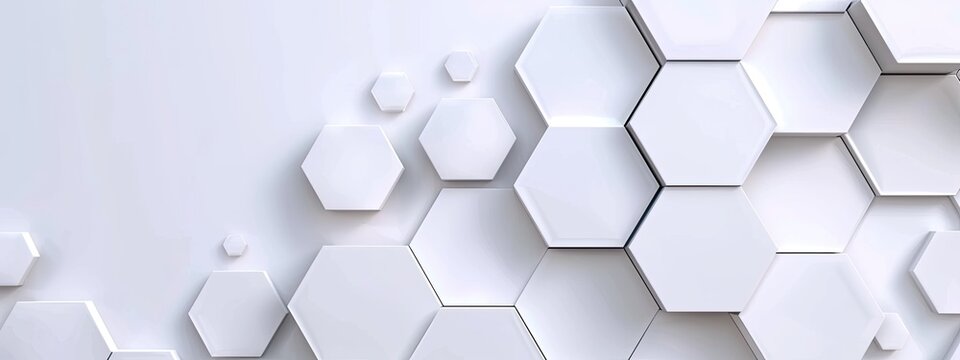 Abstract background featuring a dynamic array of off-white hexagonal shapes, varying in size and depth, creating a three-dimensional, textured effect against a lighter backdrop