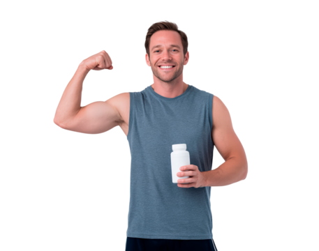 Young man holding supplement bottle flexing arm smiling in sleeveless shirt on transparent background