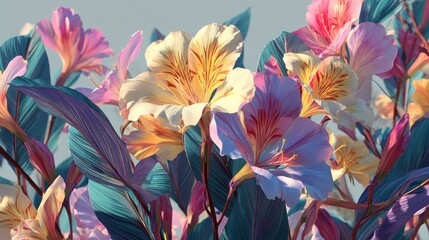 Artistic Floral Display with Vivid Colors and Elegant Leaf Patterns