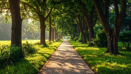 Sunlight-drenched path lined with trees in a park