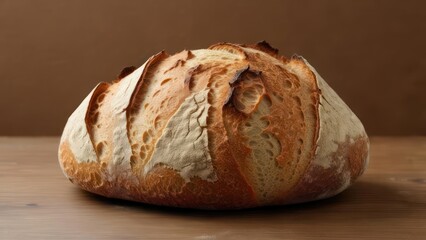 Crusty loaf of bread on a wooden surface