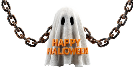floating ghost wrapped in chain with happy halloween on white