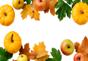 Autumn arrangement with pumpkins, apples, and colorful leaves on transparent background